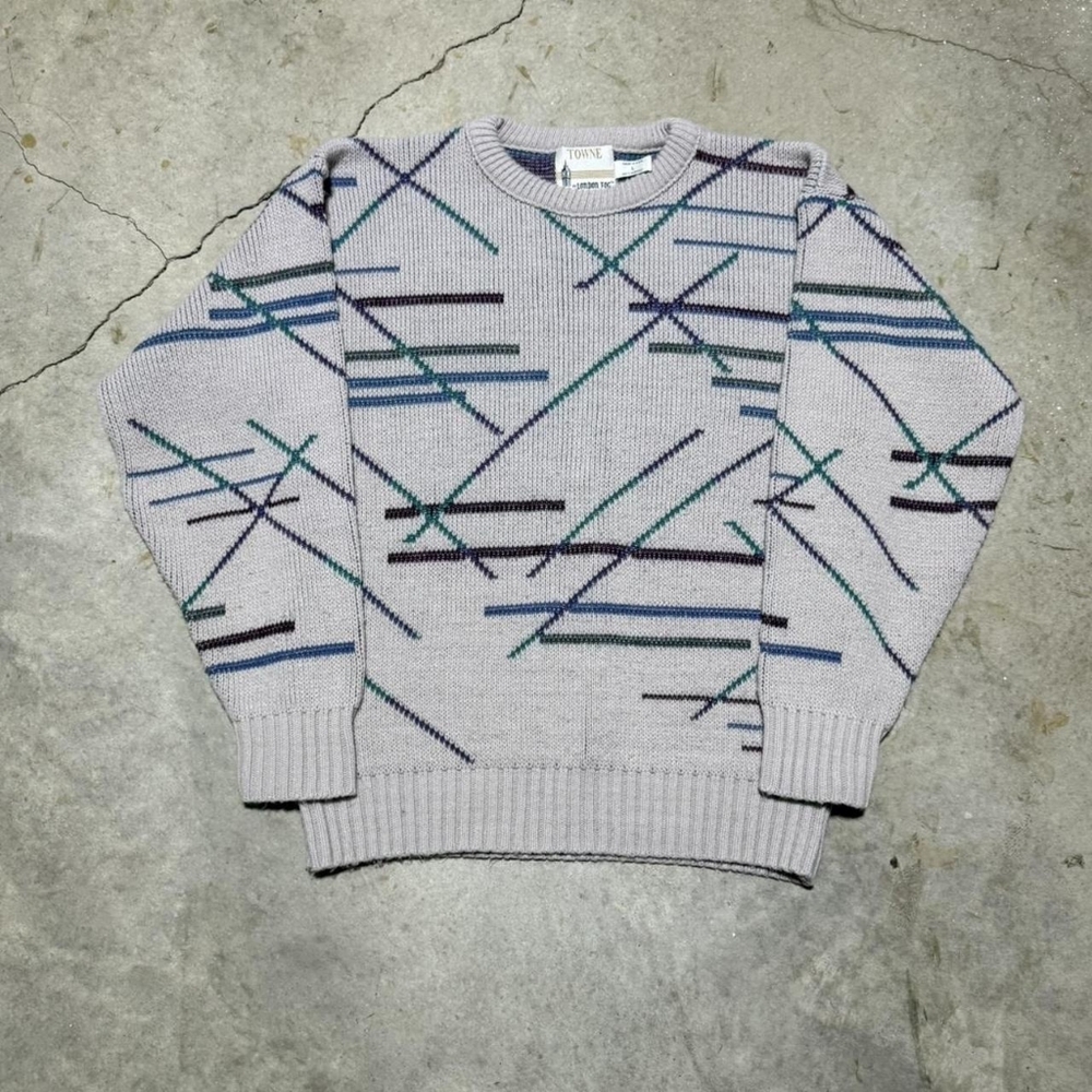 Forte Men's Crewneck Sweater - Light Gray with Blue and Green Accents